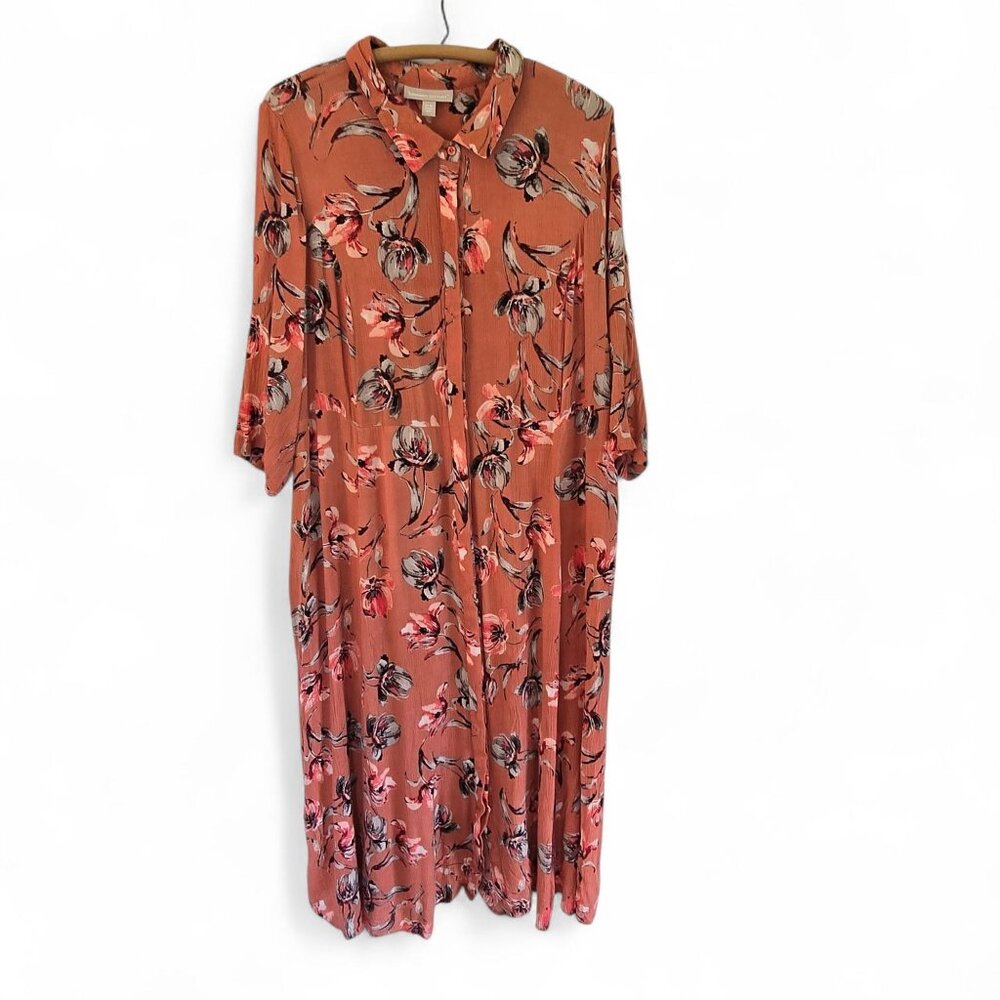 Woman Within Dark Peach Floral Print Dress 22W Roll Tab Sleeves Button Front - Picture 2 of 14